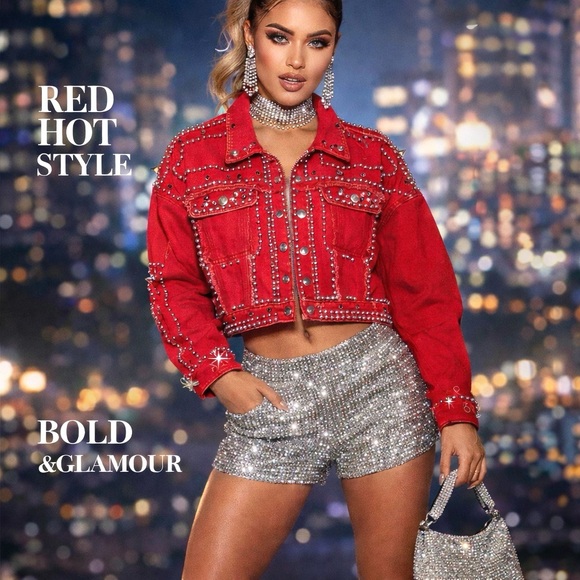 Daisy Jackets & Blazers - Y2K Studded Red Cropped Denim Jacket ✨ Crystal Embellished Statement | Size S